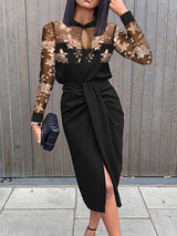 Women's Dresses Lace Round Neck Hollow Split Long Sleeve Dress - Midi Dresses - INS | Online Fashion Free Shipping Clothing, Dresses, Tops, Shoes - 18/11/2021 - 30-40 - color-black