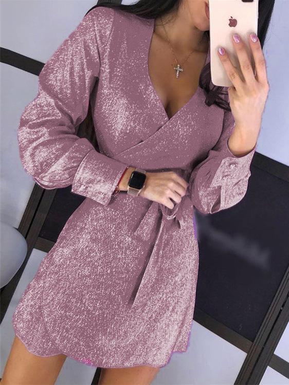 Women's Dresses Lace-Up V-Neck Long Sleeve Sequined Dress - Mini Dresses - INS | Online Fashion Free Shipping Clothing, Dresses, Tops, Shoes - 04/09/2021 - 20-30 - Category_Mini Dresses