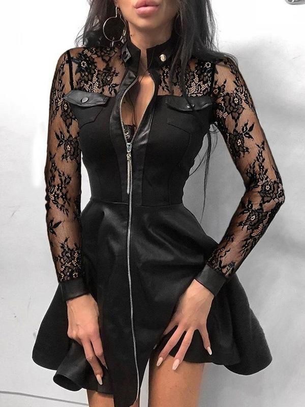 Women's Dresses Lace Zipper PU Leather Long Sleeve Mini Dress - Mini Dresses - INS | Online Fashion Free Shipping Clothing, Dresses, Tops, Shoes - 19/11/2021 - 30-40 - color-black