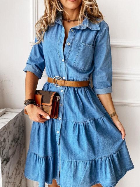 Women's Dresses Lapel Button Pocket Denim Shirt Dress - Midi Dresses - INS | Online Fashion Free Shipping Clothing, Dresses, Tops, Shoes - 27/10/2021 - 30-40 - color-blue