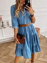 Women's Dresses Lapel Button Pocket Denim Shirt Dress - Midi Dresses - INS | Online Fashion Free Shipping Clothing, Dresses, Tops, Shoes - 27/10/2021 - 30-40 - color-blue