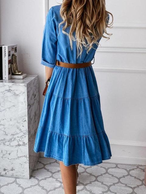 Women's Dresses Lapel Button Pocket Denim Shirt Dress - Midi Dresses - INS | Online Fashion Free Shipping Clothing, Dresses, Tops, Shoes - 27/10/2021 - 30-40 - color-blue