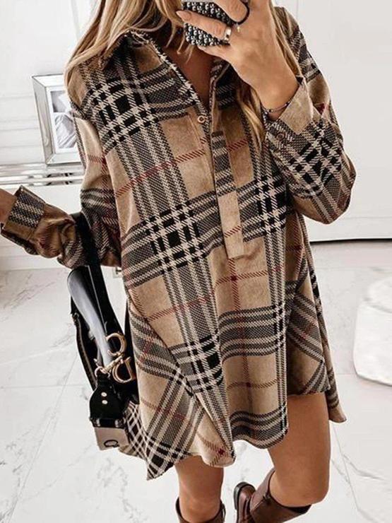 Women's Dresses Lapel Plaid Long Sleeve Shirt Dress - Mini Dresses - INS | Online Fashion Free Shipping Clothing, Dresses, Tops, Shoes - 11/11/2021 - 20-30 - Casual Dresses