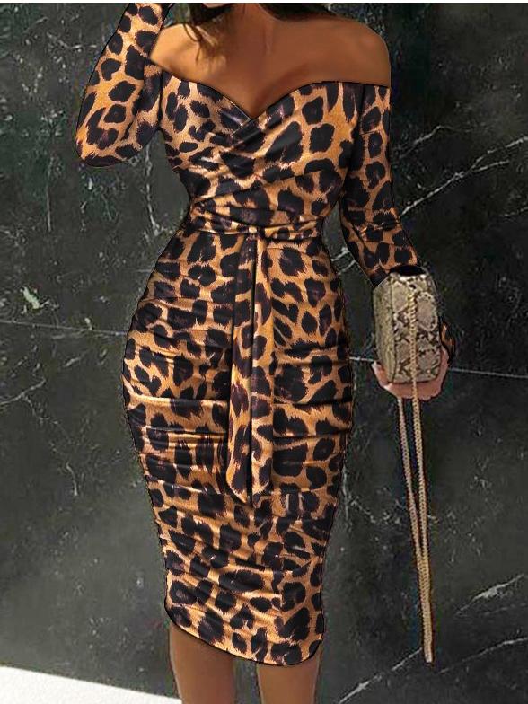 Women's Dresses Leopard Boat Neck Long Sleeve Skinny Dress - Midi Dresses - INS | Online Fashion Free Shipping Clothing, Dresses, Tops, Shoes - 02/11/2021 - 20-30 - Bodycon Dresses