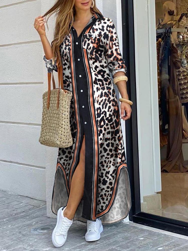 Women's Dresses Leopard Print Long Sleeve Shirt Dress - Maxi Dresses - INS | Online Fashion Free Shipping Clothing, Dresses, Tops, Shoes - 14/09/2021 - 30-40 - Category_Maxi Dresses