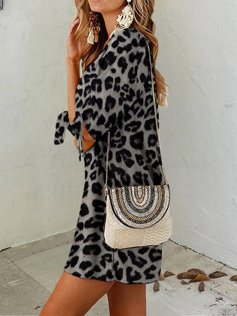 Women's Dresses Leopard Print Round Neck Mini Dress - Mini Dresses - INS | Online Fashion Free Shipping Clothing, Dresses, Tops, Shoes - 10-20 - 22/10/2021 - color-gray
