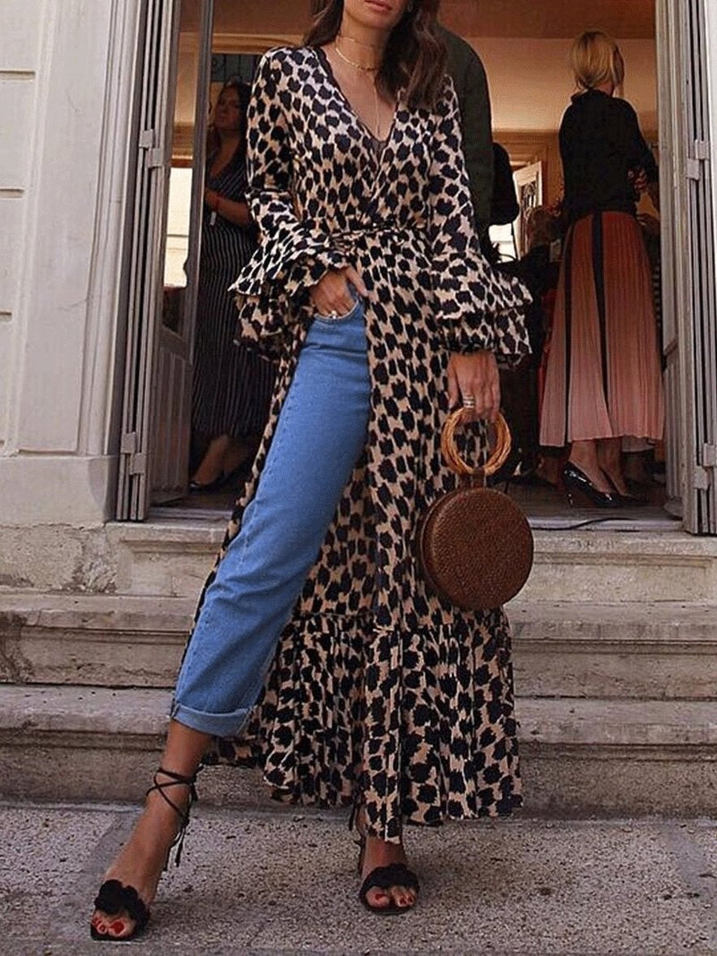 Women's Dresses Leopard Print Slit Long Sleeve Dress - Maxi Dresses - INS | Online Fashion Free Shipping Clothing, Dresses, Tops, Shoes - 28/09/2021 - 40-50 - color-black