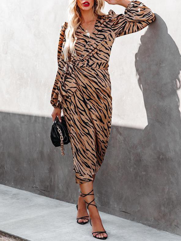 Women's Dresses Leopard Print V-Neck Tie Long Sleeve Dress - Maxi Dresses - INS | Online Fashion Free Shipping Clothing, Dresses, Tops, Shoes - 25/10/2021 - 30-40 - color-khaki