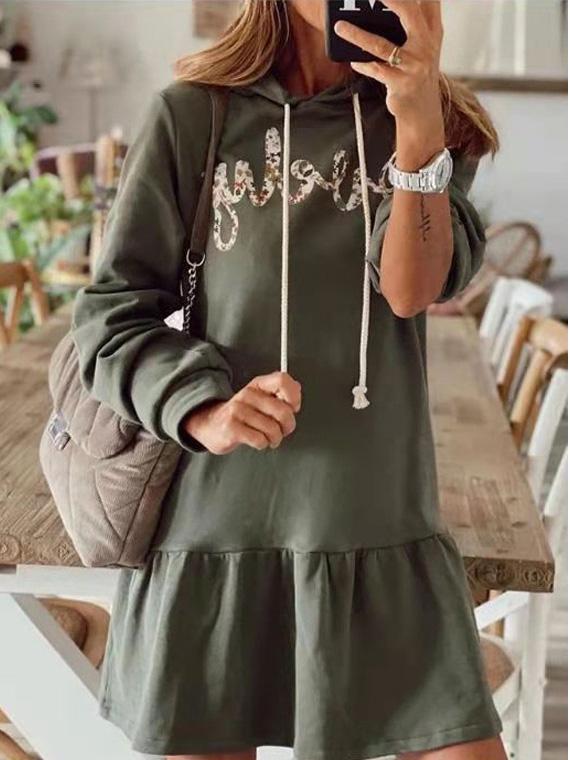 Women's Dresses Letter Print Hooded Long Sleeve Sweatshirt Dress - Mini Dresses - INS | Online Fashion Free Shipping Clothing, Dresses, Tops, Shoes - 23/09/2021 - 30-40 - color-green