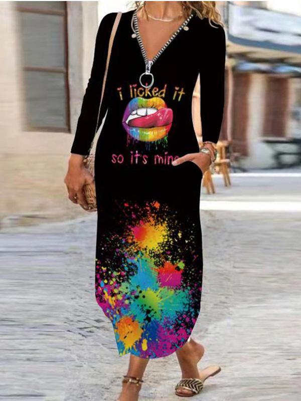 Women's Dresses Lip Print V-Neck Zipper Pocket Long Sleeve Dress - Maxi Dresses - INS | Online Fashion Free Shipping Clothing, Dresses, Tops, Shoes - 27/09/2021 - Color_Black - Color_Multicolor