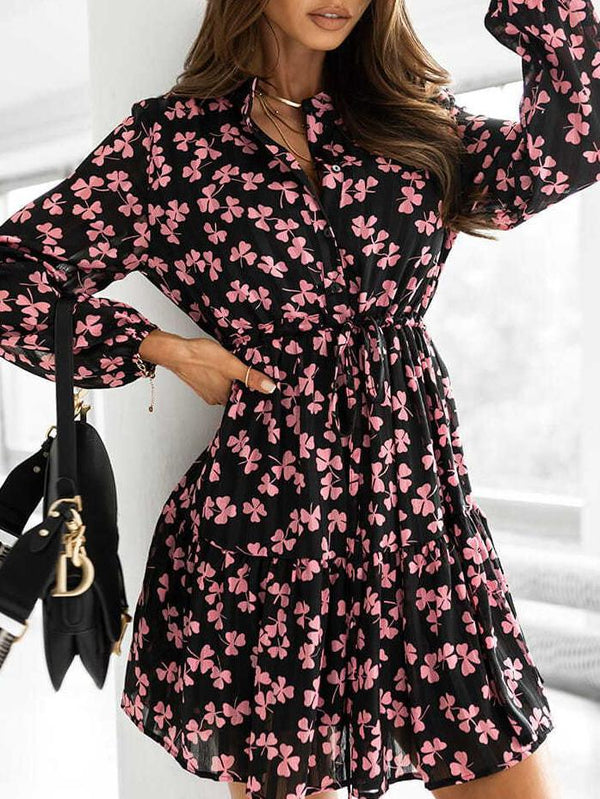 Women's Dresses Long Sleeve Button Print Mini Dress - Mini Dresses - INS | Online Fashion Free Shipping Clothing, Dresses, Tops, Shoes - 20-30 - 23/09/2021 - color-black