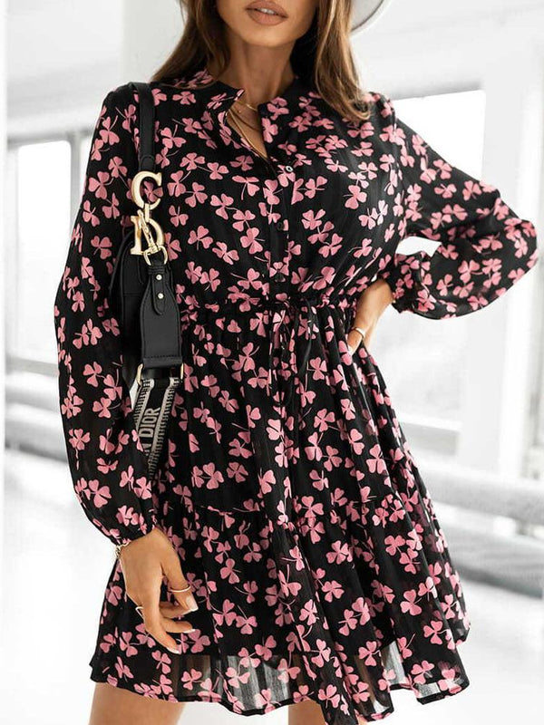 Women's Dresses Long Sleeve Button Print Mini Dress - Mini Dresses - INS | Online Fashion Free Shipping Clothing, Dresses, Tops, Shoes - 20-30 - 23/09/2021 - color-black