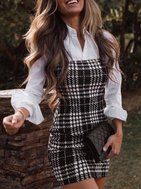 Women's Dresses Long Sleeve Lapel Check Skinny Mini Dress - Mini Dresses - INS | Online Fashion Free Shipping Clothing, Dresses, Tops, Shoes - 20-30 - 26/10/2021 - color-black