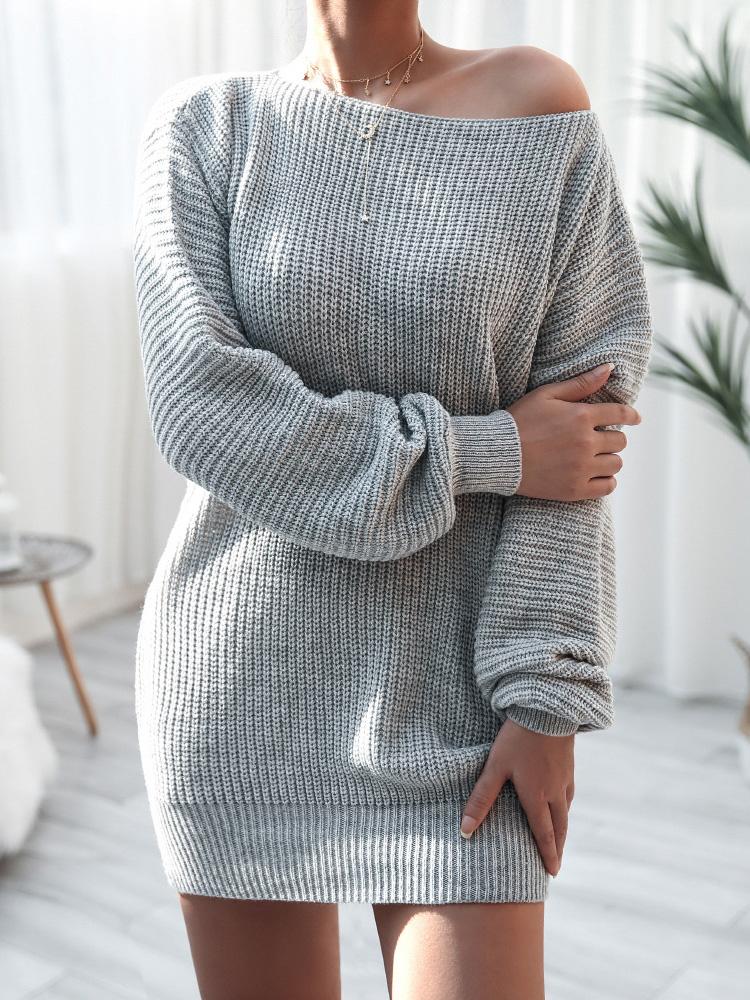 Women's Dresses Long Sleeve One-Neck Loose Knit Sweater Dress - Mini Dresses - INS | Online Fashion Free Shipping Clothing, Dresses, Tops, Shoes - 19/08/2021 - 30-40 - Category_Mini Dresses