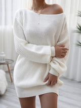 Women's Dresses Long Sleeve One-Neck Loose Knit Sweater Dress - Mini Dresses - INS | Online Fashion Free Shipping Clothing, Dresses, Tops, Shoes - 19/08/2021 - 30-40 - Category_Mini Dresses