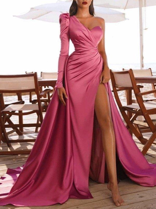 Women's Dresses Long Sleeve One Shoulder High Slit Party Evening Dress - Maxi Dresses - INS | Online Fashion Free Shipping Clothing, Dresses, Tops, Shoes - 29/10/2021 - color-red - color-rose_red