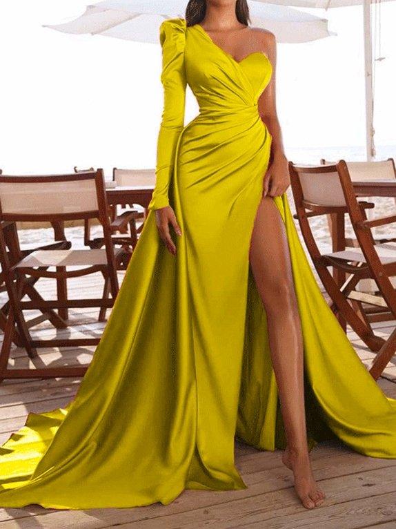 Women's Dresses Long Sleeve One Shoulder High Slit Party Evening Dress - Maxi Dresses - INS | Online Fashion Free Shipping Clothing, Dresses, Tops, Shoes - 29/10/2021 - color-red - color-rose_red