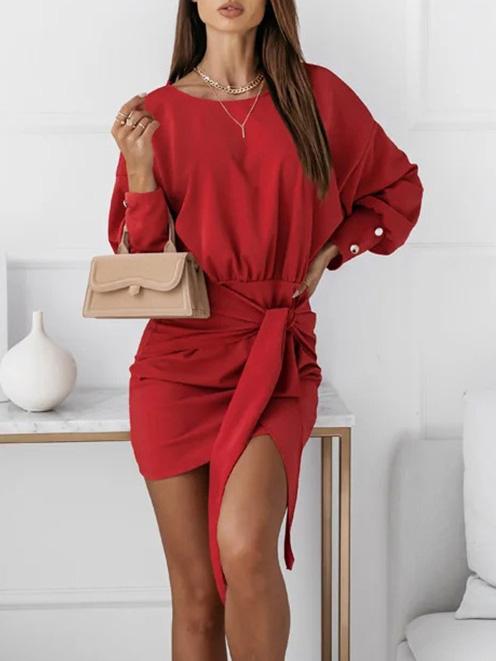 Women's Dresses Long Sleeve Solid Slim Round Neck Dress - Mini Dresses - INS | Online Fashion Free Shipping Clothing, Dresses, Tops, Shoes - 20-30 - 30/08/2021 - Category_Mini Dresses