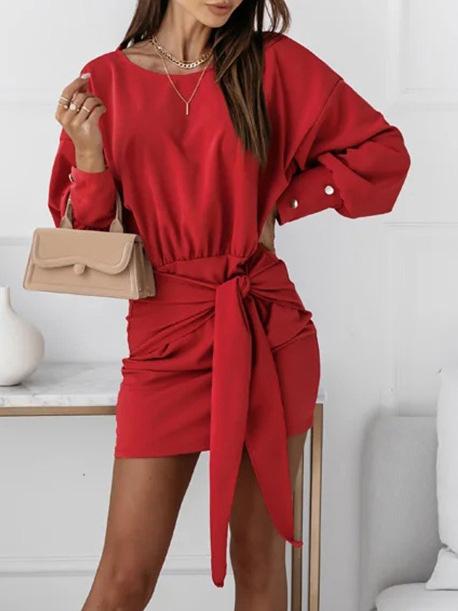 Women's Dresses Long Sleeve Solid Slim Round Neck Dress - Mini Dresses - INS | Online Fashion Free Shipping Clothing, Dresses, Tops, Shoes - 20-30 - 30/08/2021 - Category_Mini Dresses