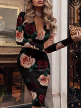 Women's Dresses Long Sleeve V-Neck Printed Skinny Dress - Midi Dresses - INS | Online Fashion Free Shipping Clothing, Dresses, Tops, Shoes - 19/10/2021 - 20-30 - color-black