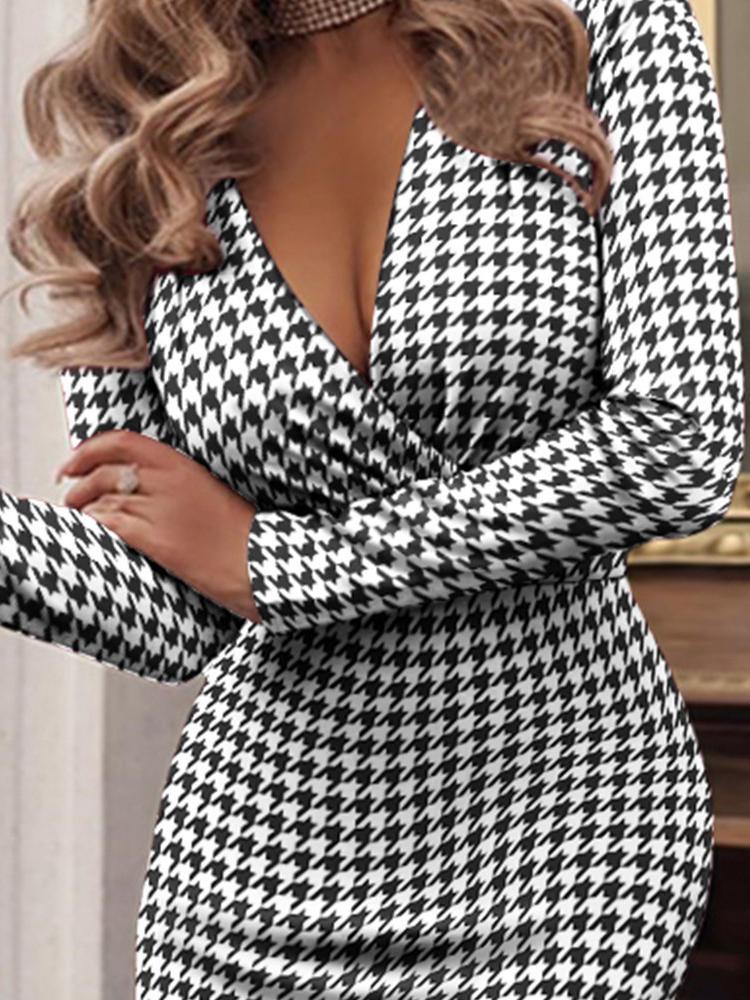 Women's Dresses Long Sleeve V-Neck Printed Skinny Dress - Midi Dresses - INS | Online Fashion Free Shipping Clothing, Dresses, Tops, Shoes - 19/10/2021 - 20-30 - color-black