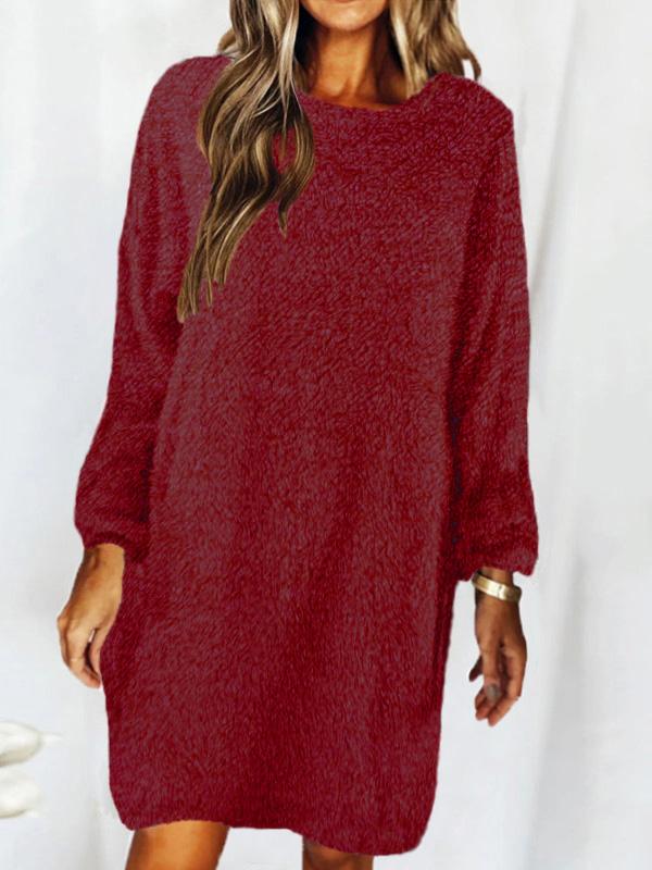 Women's Dresses Loose Round Neck Long Sleeve Plush Dress - Midi Dresses - INS | Online Fashion Free Shipping Clothing, Dresses, Tops, Shoes - 07/09/2021 - 20-30 - Category_Midi Dresses