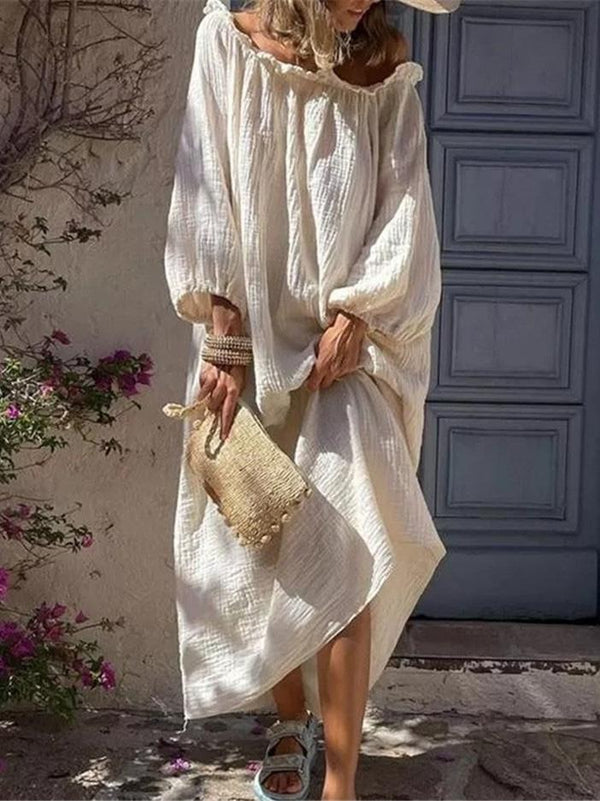 Women's Dresses Loose Ruffled One-Shoulder Lantern Sleeve Dress - Maxi Dresses - INS | Online Fashion Free Shipping Clothing, Dresses, Tops, Shoes - 27/09/2021 - Color_Beige - DRE2109272676