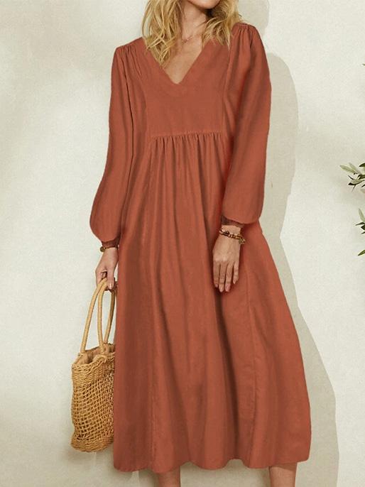 Women's Dresses Loose V-Neck Lantern Long Sleeve Dress - Midi Dresses - INS | Online Fashion Free Shipping Clothing, Dresses, Tops, Shoes - 04/09/2021 - 30-40 - Category_Midi Dresses