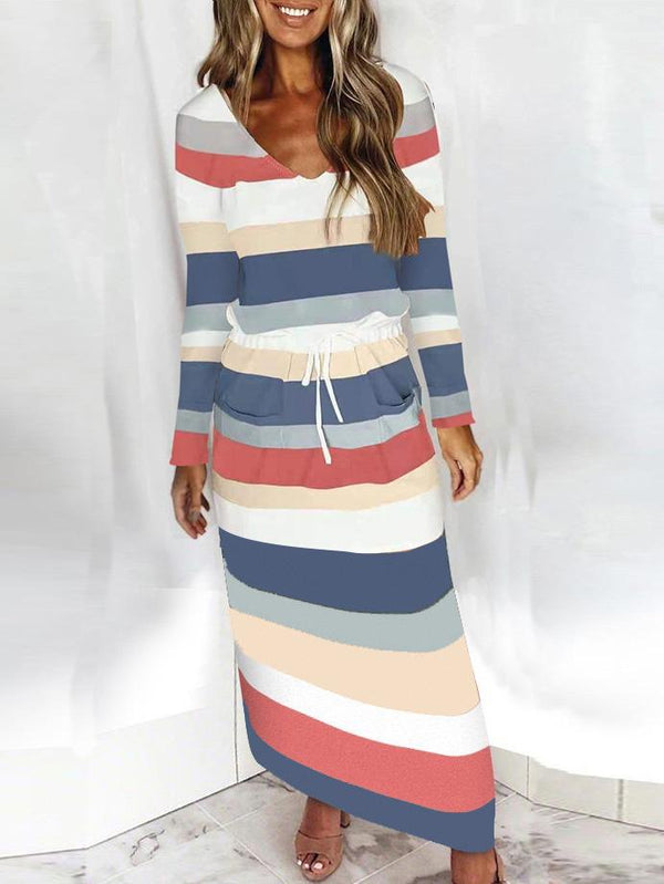 Women's Dresses Loose V-Neck Striped Long Sleeve Dress - Maxi Dresses - INS | Online Fashion Free Shipping Clothing, Dresses, Tops, Shoes - 20-30 - 22/09/2021 - color-blue