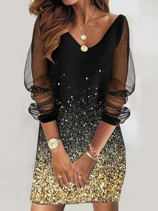 Women's Dresses Mesh Stitching V-Neck Long Sleeve Dress - Mini Dresses - Instastyled | Online Fashion Free Shipping Clothing, Dresses, Tops, Shoes - 20-30 - 23/12/2021 - color-black