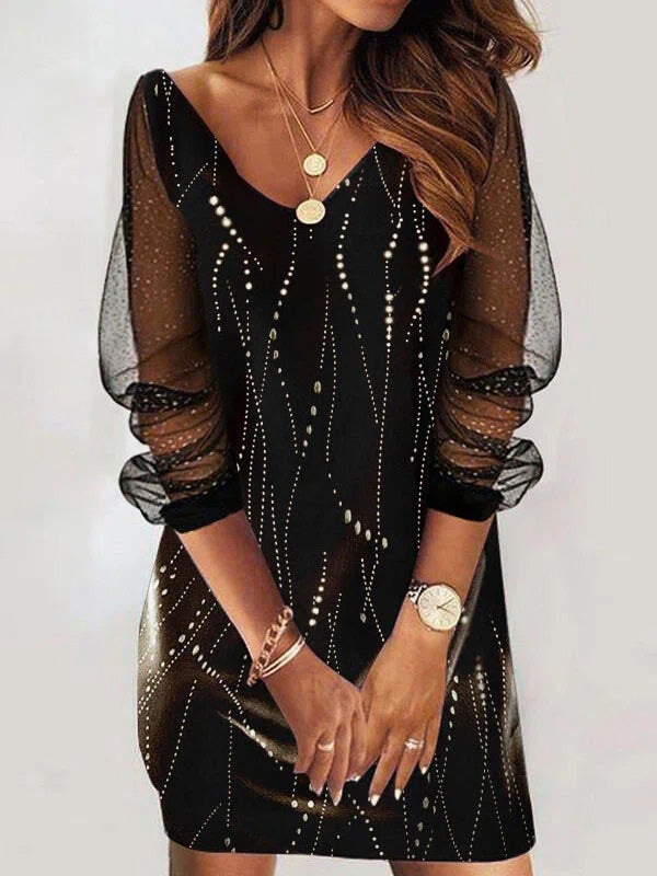 Women's Dresses Mesh Stitching V-Neck Long Sleeve Dress - Mini Dresses - Instastyled | Online Fashion Free Shipping Clothing, Dresses, Tops, Shoes - 20-30 - 23/12/2021 - color-black