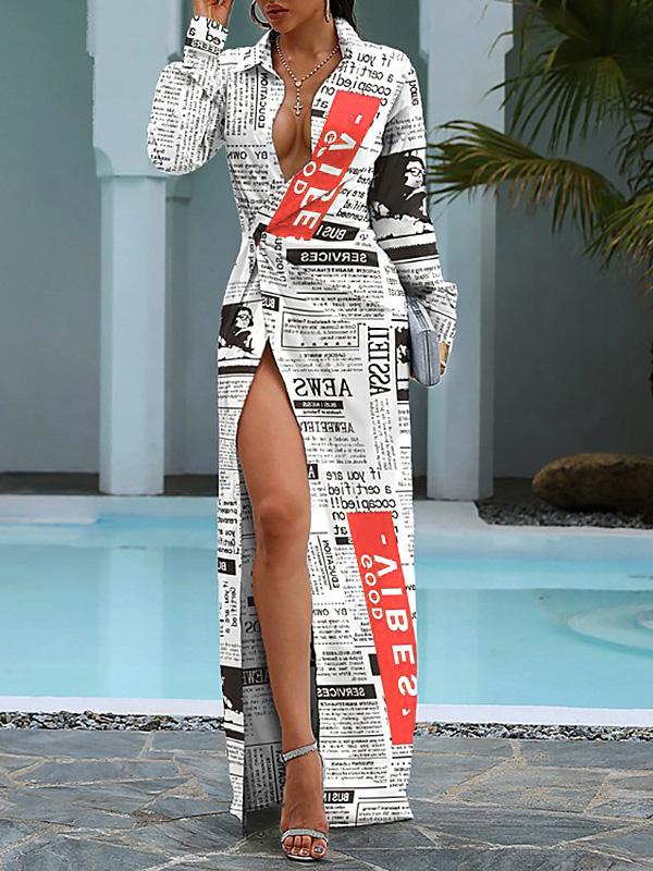 Women's Dresses Newspaper Print Lapel Long Sleeve Shirt Dress - Maxi Dresses - INS | Online Fashion Free Shipping Clothing, Dresses, Tops, Shoes - 18/09/2021 - 30-40 - Category_Maxi Dresses