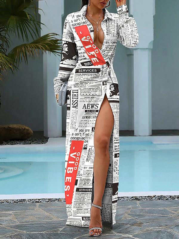 Women's Dresses Newspaper Print Lapel Long Sleeve Shirt Dress - Maxi Dresses - INS | Online Fashion Free Shipping Clothing, Dresses, Tops, Shoes - 18/09/2021 - 30-40 - Category_Maxi Dresses