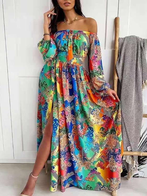 Women's Dresses Off Shoulder Long Sleeve Printed Split Dress - Maxi Dresses - INS | Online Fashion Free Shipping Clothing, Dresses, Tops, Shoes - 13/09/2021 - 30-40 - Category_Maxi Dresses