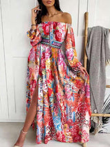 Women's Dresses Off Shoulder Long Sleeve Printed Split Dress - Maxi Dresses - INS | Online Fashion Free Shipping Clothing, Dresses, Tops, Shoes - 13/09/2021 - 30-40 - Category_Maxi Dresses