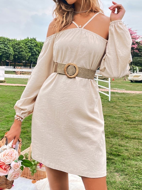 Women's Dresses Off-The-Shoulder Strap Long Sleeve Mini Dress - Mini Dresses - Instastyled | Online Fashion Free Shipping Clothing, Dresses, Tops, Shoes - 28/12/2021 - 40-50 - color-apricot