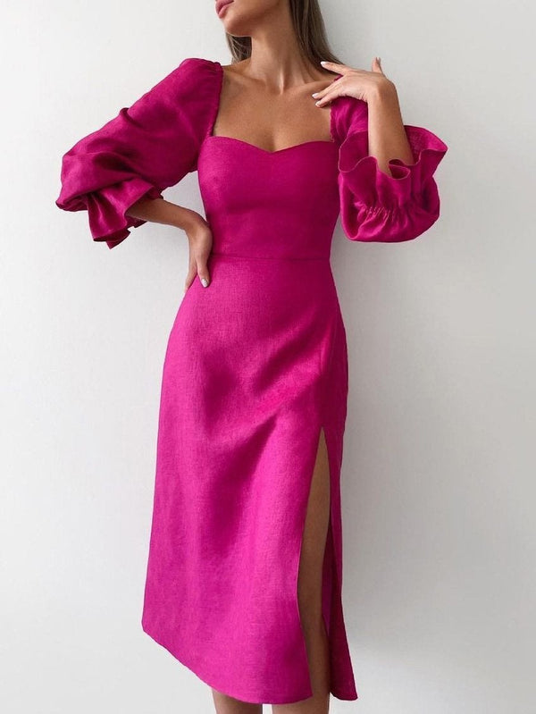 Women's Dresses One-Line Neck Princess Sleeve Split Dress - Midi Dresses - INS | Online Fashion Free Shipping Clothing, Dresses, Tops, Shoes - 02/09/2021 - 30-40 - Category_Midi Dresses