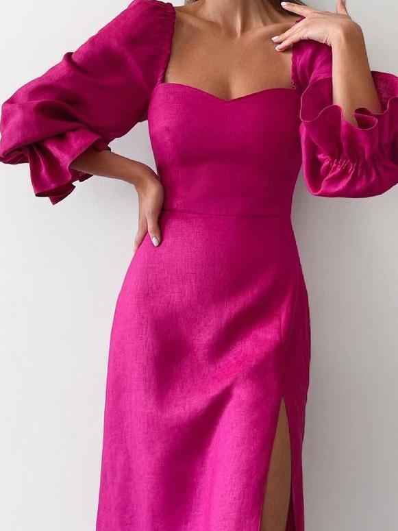 Women's Dresses One-Line Neck Princess Sleeve Split Dress - Midi Dresses - INS | Online Fashion Free Shipping Clothing, Dresses, Tops, Shoes - 02/09/2021 - 30-40 - Category_Midi Dresses