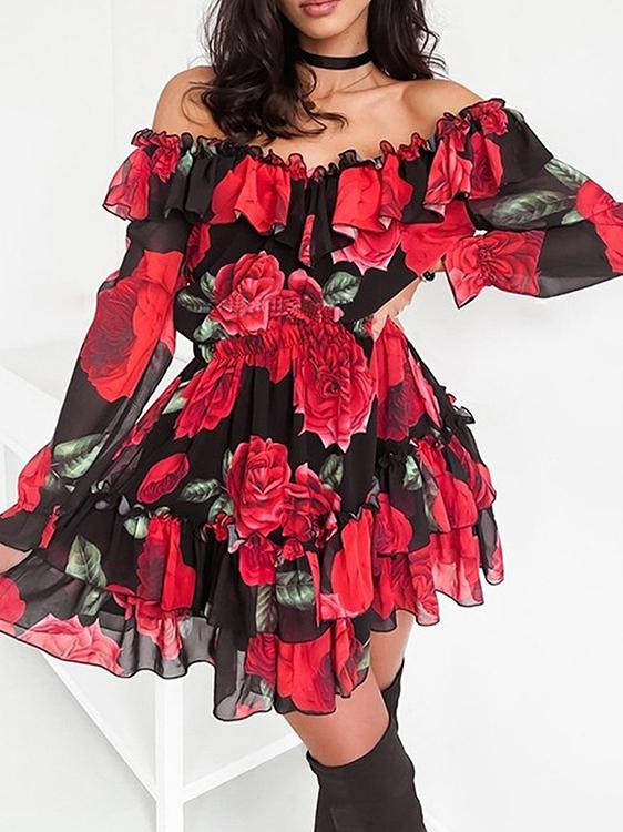 Women's Dresses One-Shoulder Print Ruffled Mini Dress - Mini Dresses - INS | Online Fashion Free Shipping Clothing, Dresses, Tops, Shoes - 12/11/2021 - 20-30 - color-black_red