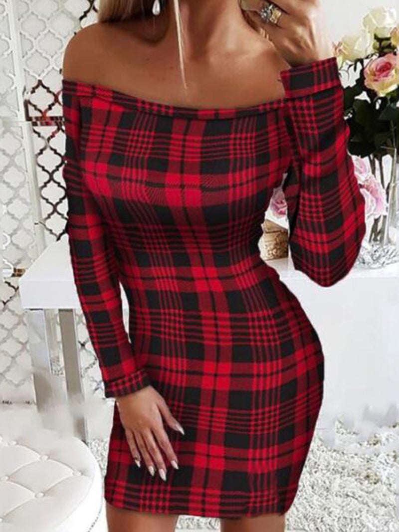 Women's Dresses One-Shoulder Printed Long Sleeve Dress - Midi Dresses - INS | Online Fashion Free Shipping Clothing, Dresses, Tops, Shoes - 15/10/2021 - Color_Black - Color_Red