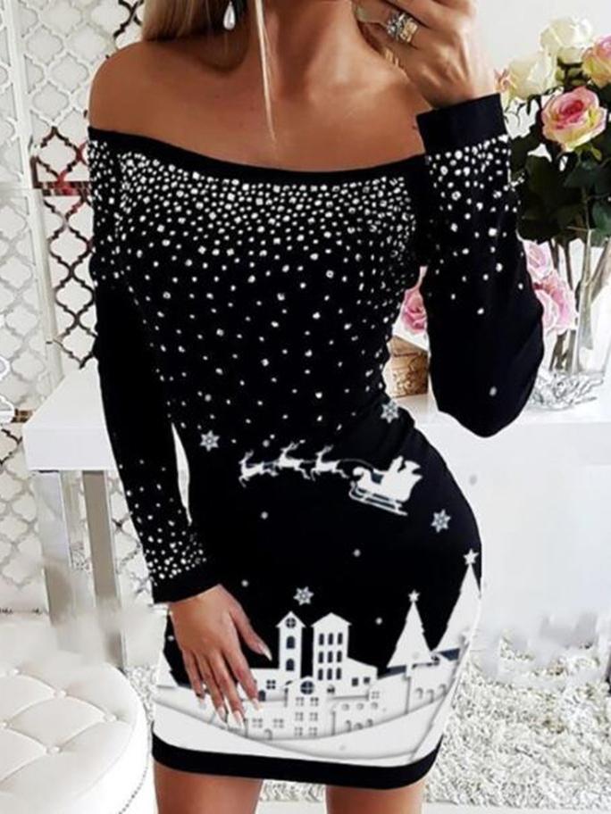 Women's Dresses One-Shoulder Printed Long Sleeve Dress - Midi Dresses - INS | Online Fashion Free Shipping Clothing, Dresses, Tops, Shoes - 15/10/2021 - Color_Black - Color_Red