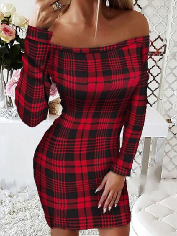 Women's Dresses One-Shoulder Printed Long Sleeve Dress - Midi Dresses - INS | Online Fashion Free Shipping Clothing, Dresses, Tops, Shoes - 15/10/2021 - Color_Black - Color_Red