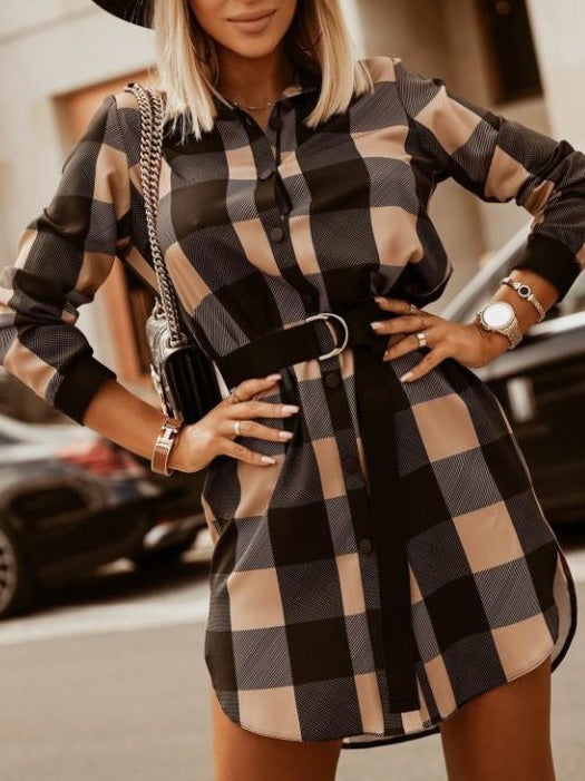 Women's Dresses Plaid Belted Long Sleeve Shirt Dresses - Mini Dresses - Instastyled | Online Fashion Free Shipping Clothing, Dresses, Tops, Shoes - 23/12/2021 - 30-40 - color-khaki