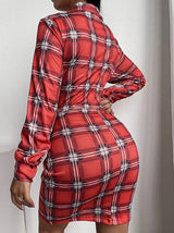 Women's Dresses Plaid Lapel V-Neck Long Sleeve Mini Dress - Mini Dresses - INS | Online Fashion Free Shipping Clothing, Dresses, Tops, Shoes - 06/11/2021 - 20-30 - color-red