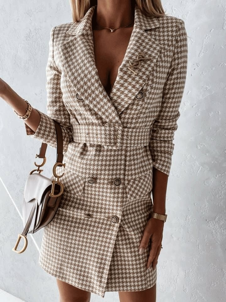 Women's Dresses Plaid Long Sleeve Belt Two-Wear Blazer Dress - Mini Dresses - INS | Online Fashion Free Shipping Clothing, Dresses, Tops, Shoes - 28/09/2021 - Color_Khaki - Color_Red