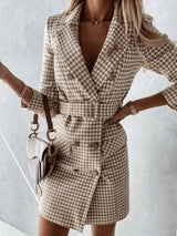 Women's Dresses Plaid Long Sleeve Belt Two-Wear Blazer Dress - Mini Dresses - INS | Online Fashion Free Shipping Clothing, Dresses, Tops, Shoes - 28/09/2021 - Color_Khaki - Color_Red