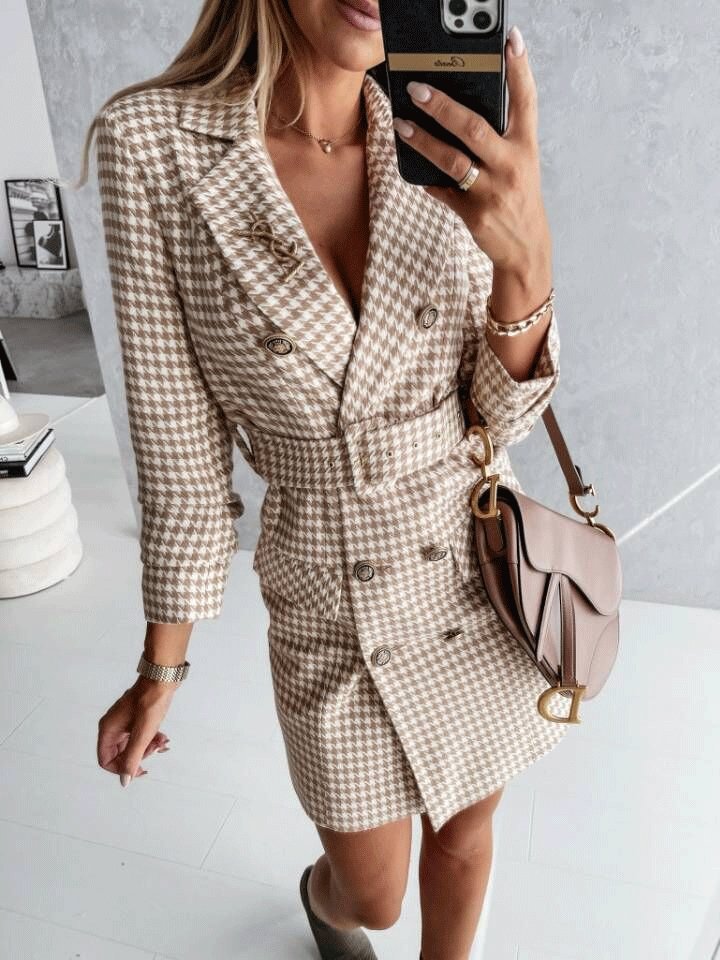 Women's Dresses Plaid Long Sleeve Belt Two-Wear Blazer Dress - Mini Dresses - INS | Online Fashion Free Shipping Clothing, Dresses, Tops, Shoes - 28/09/2021 - Color_Khaki - Color_Red