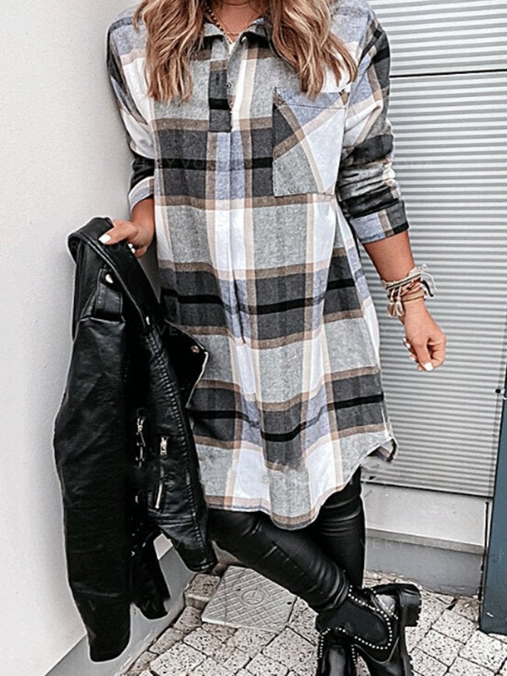 Women's Dresses Plaid Pocket Long Sleeve Shirt Dress - Midi Dresses - INS | Online Fashion Free Shipping Clothing, Dresses, Tops, Shoes - 29/10/2021 - 30-40 - Casual Dresses