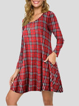 Women's Dresses Plaid Round Neck Pocket Long Sleeve Dress - Mini Dresses - INS | Online Fashion Free Shipping Clothing, Dresses, Tops, Shoes - 11/11/2021 - 20-30 - Casual Dresses