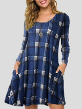 Women's Dresses Plaid Round Neck Pocket Long Sleeve Dress - Mini Dresses - INS | Online Fashion Free Shipping Clothing, Dresses, Tops, Shoes - 11/11/2021 - 20-30 - Casual Dresses